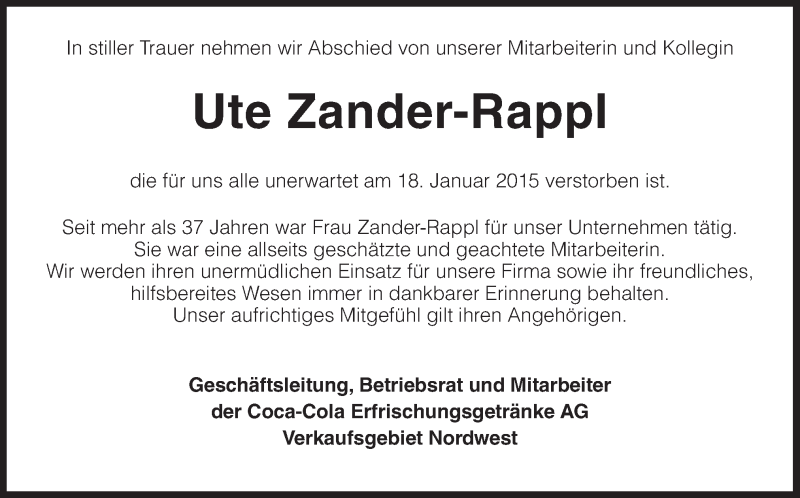  Traueranzeige für Ute Zander-Rappl vom 24.01.2015 aus Neue Osnabrücker Zeitung GmbH & Co. KG