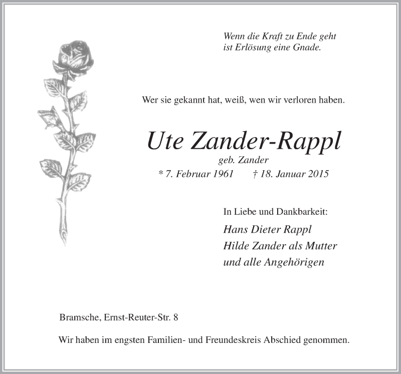  Traueranzeige für Ute Zander-Rappl vom 24.01.2015 aus Neue Osnabrücker Zeitung GmbH & Co. KG