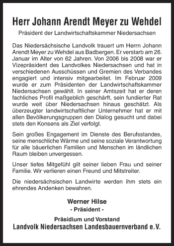 Traueranzeige von Johann Arendt  Meyer zu Wehdel von Neue Osnabrücker Zeitung GmbH & Co. KG