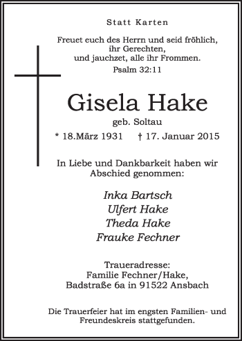 Traueranzeige von Gisela Hake von Neue Osnabrücker Zeitung GmbH & Co. KG