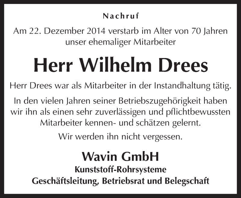  Traueranzeige für Wilhelm Drees vom 15.01.2015 aus Neue Osnabrücker Zeitung GmbH & Co. KG
