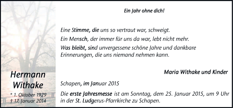  Traueranzeige für Hermann Withake vom 21.01.2015 aus Neue Osnabrücker Zeitung GmbH & Co. KG