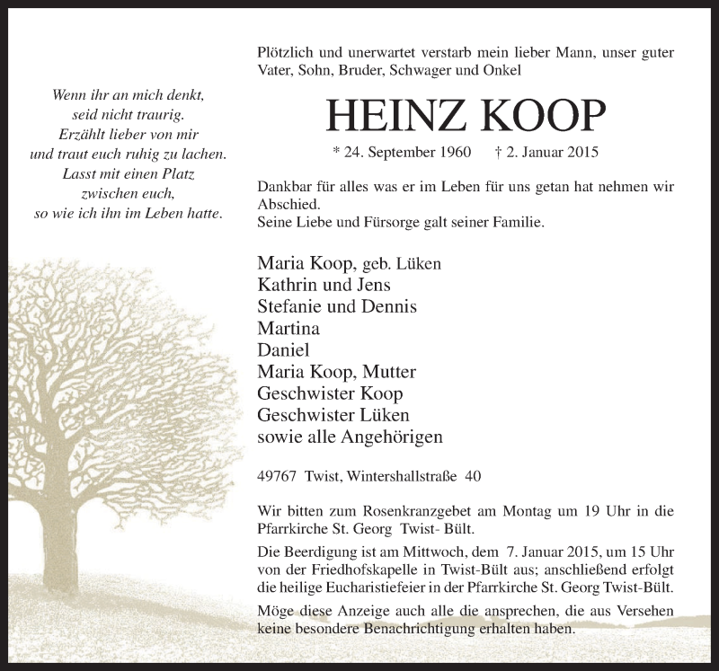  Traueranzeige für Heinz Koop vom 05.01.2015 aus Neue Osnabrücker Zeitung GmbH & Co. KG