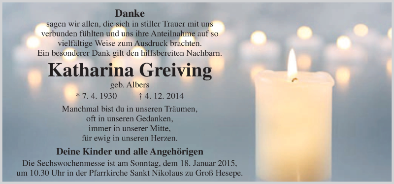  Traueranzeige für Katharina Greiving vom 14.01.2015 aus Neue Osnabrücker Zeitung GmbH & Co. KG