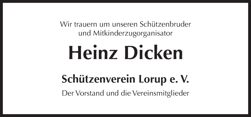  Traueranzeige für Heinz Dicken vom 17.01.2015 aus Neue Osnabrücker Zeitung GmbH & Co. KG