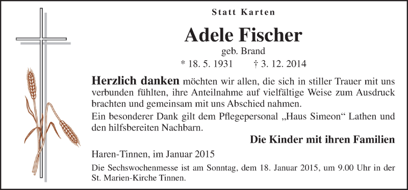  Traueranzeige für Adele Fischer vom 14.01.2015 aus Neue Osnabrücker Zeitung GmbH & Co. KG