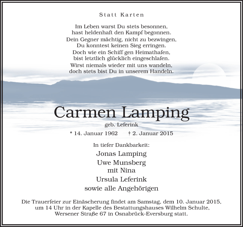  Traueranzeige für Carmen Lamping vom 07.01.2015 aus Neue Osnabrücker Zeitung GmbH & Co. KG