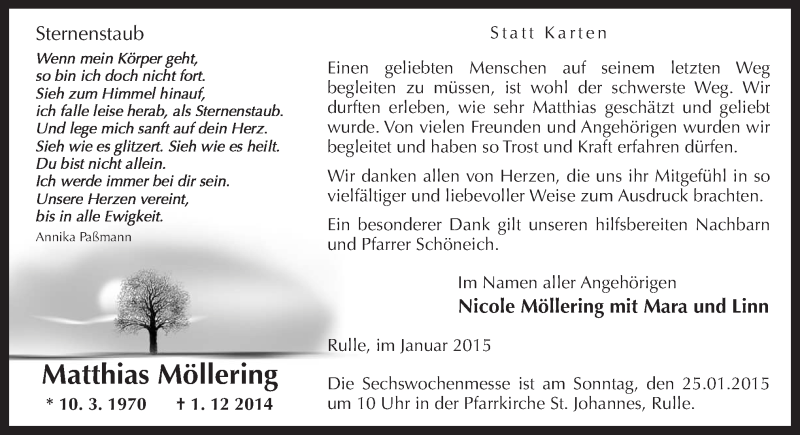  Traueranzeige für Matthias Möllering vom 17.01.2015 aus Neue Osnabrücker Zeitung GmbH & Co. KG