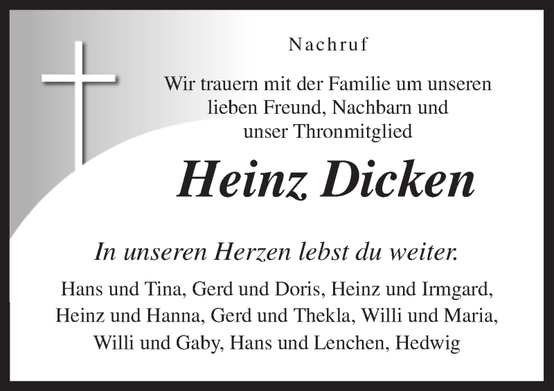  Traueranzeige für Heinz Dicken vom 17.01.2015 aus Neue Osnabrücker Zeitung GmbH & Co. KG