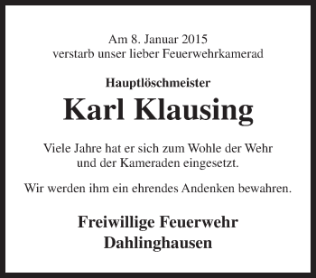 Traueranzeige von Karl Klausing von Neue Osnabrücker Zeitung GmbH & Co. KG