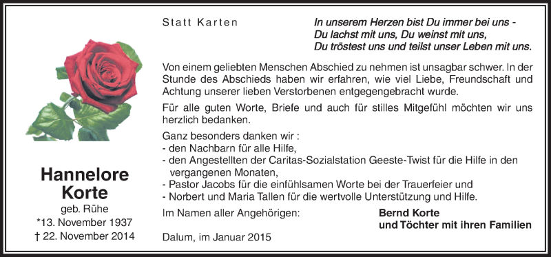  Traueranzeige für Hannelore Korte vom 15.01.2015 aus Neue Osnabrücker Zeitung GmbH & Co. KG