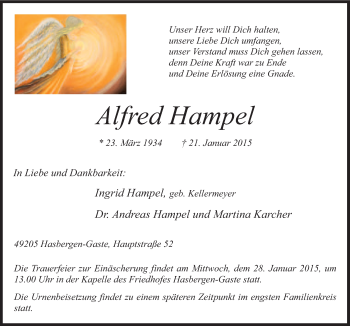 Traueranzeige von Alfred Hampel von Neue Osnabrücker Zeitung GmbH & Co. KG