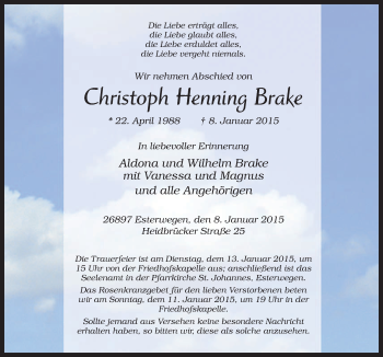 Traueranzeige von Christoph Henning Brake von Neue Osnabrücker Zeitung GmbH & Co. KG