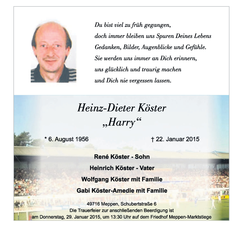  Traueranzeige für Heinz-Dieter Köster vom 26.01.2015 aus Neue Osnabrücker Zeitung GmbH & Co. KG