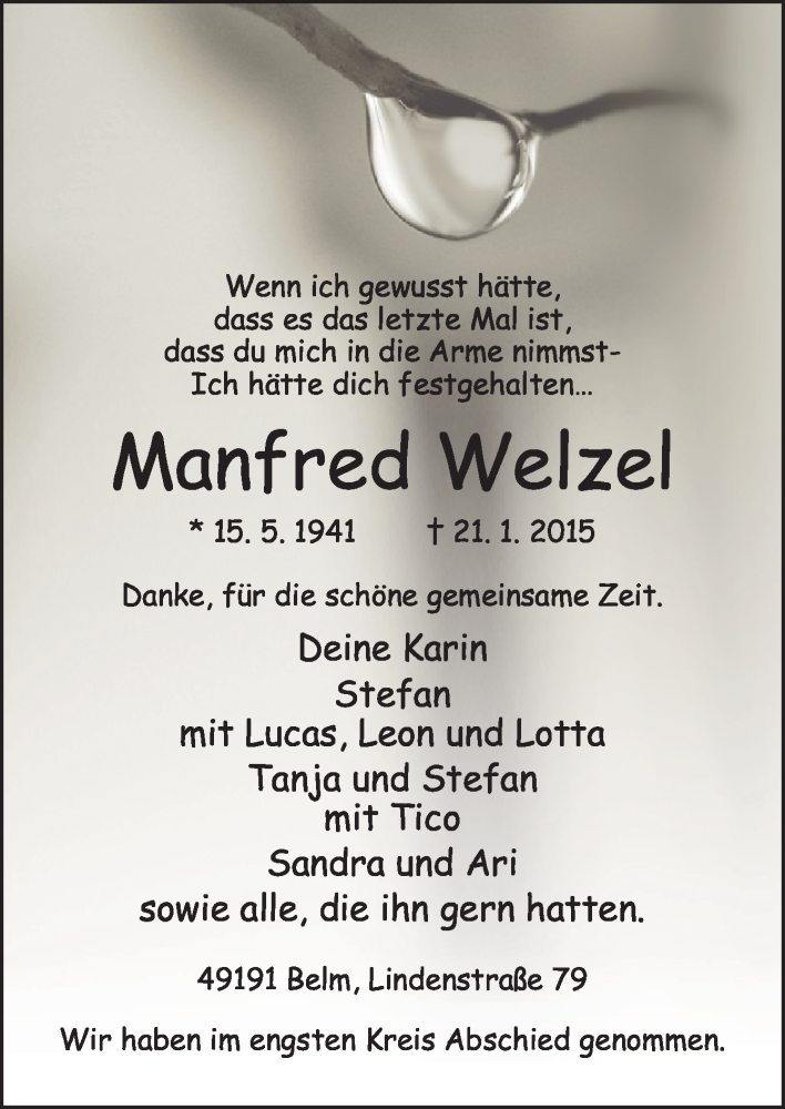  Traueranzeige für Manfred Welzel vom 26.01.2015 aus Neue Osnabrücker Zeitung GmbH & Co. KG