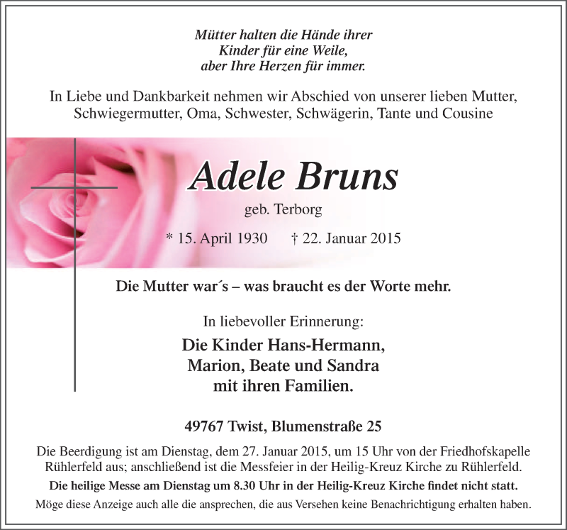  Traueranzeige für Adele Bruns vom 26.01.2015 aus Neue Osnabrücker Zeitung GmbH & Co. KG