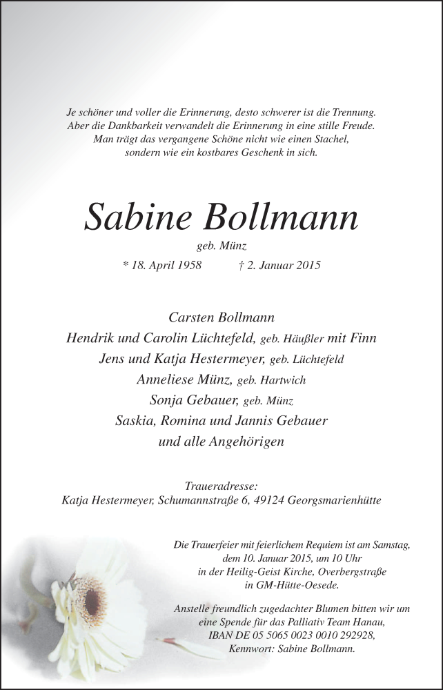  Traueranzeige für Sabine Bollmann vom 07.01.2015 aus Neue Osnabrücker Zeitung GmbH & Co. KG