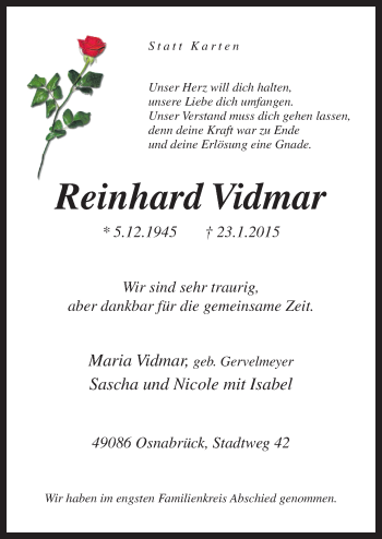 Traueranzeige von Reinhard Vidmar von Neue Osnabrücker Zeitung GmbH & Co. KG