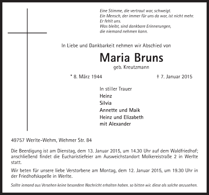  Traueranzeige für Maria Bruns vom 10.01.2015 aus Neue Osnabrücker Zeitung GmbH & Co. KG