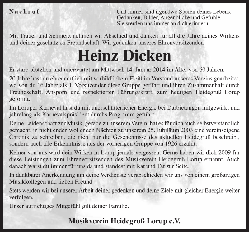  Traueranzeige für Heinz Dicken vom 17.01.2015 aus Neue Osnabrücker Zeitung GmbH & Co. KG