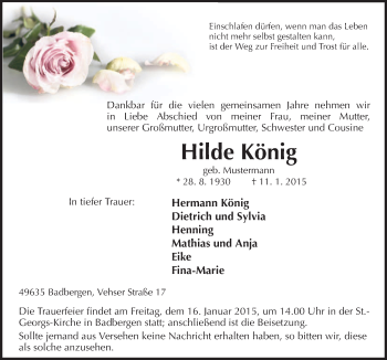 Traueranzeige von Hilde  König von Neue Osnabrücker Zeitung GmbH & Co. KG