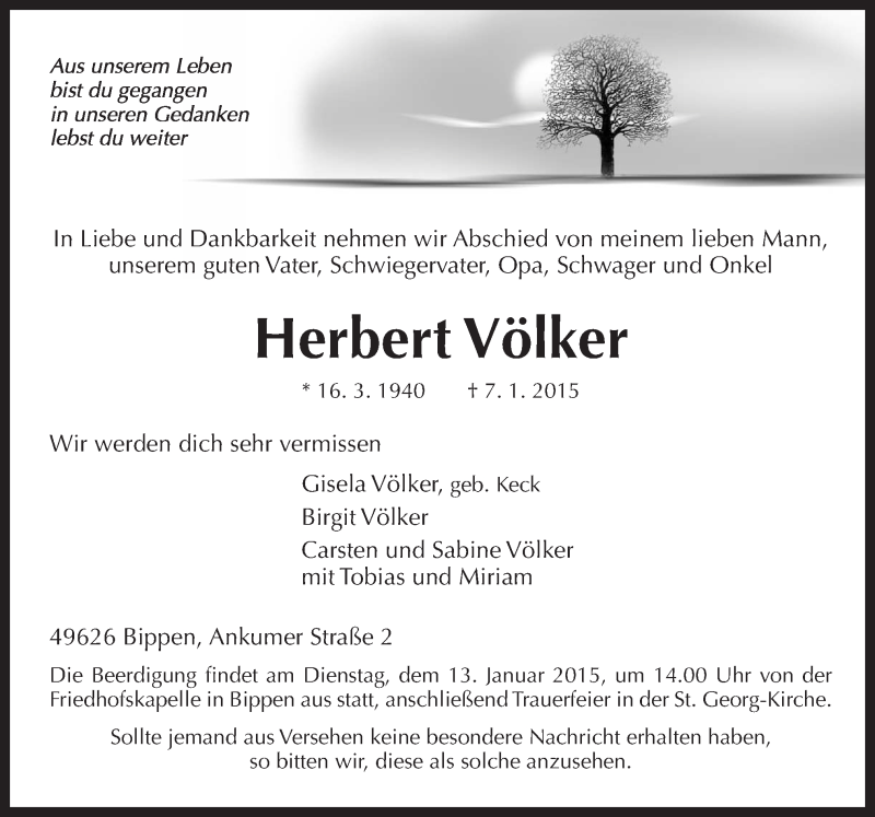  Traueranzeige für Herbert Völker vom 10.01.2015 aus Neue Osnabrücker Zeitung GmbH & Co. KG