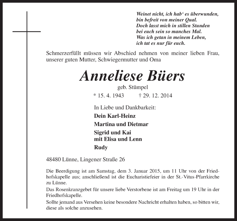  Traueranzeige für Anneliese Büers vom 02.01.2015 aus Neue Osnabrücker Zeitung GmbH & Co. KG