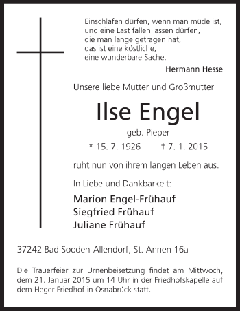 Traueranzeige von Ilse Engel von Neue Osnabrücker Zeitung GmbH & Co. KG