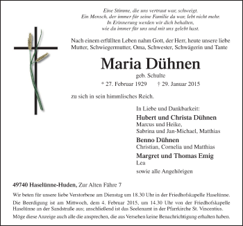 Traueranzeige von Maria Dühnen von Neue Osnabrücker Zeitung GmbH & Co. KG