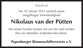 Traueranzeige von Nikolaus van der Pütten von Neue Osnabrücker Zeitung GmbH & Co. KG