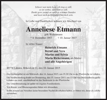 Traueranzeige von Anneliese Etmann von Neue Osnabrücker Zeitung GmbH & Co. KG