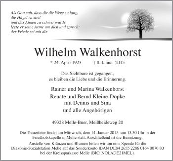 Traueranzeige von Wilhelm Walkenhorst von Neue Osnabrücker Zeitung GmbH & Co. KG