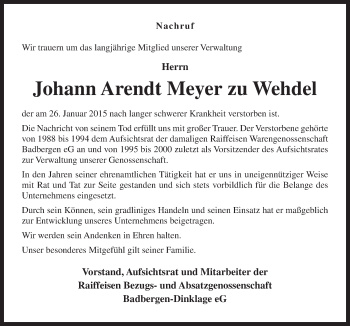 Traueranzeige von Johann Arendt  Meyer zu Wehdel von Neue Osnabrücker Zeitung GmbH & Co. KG