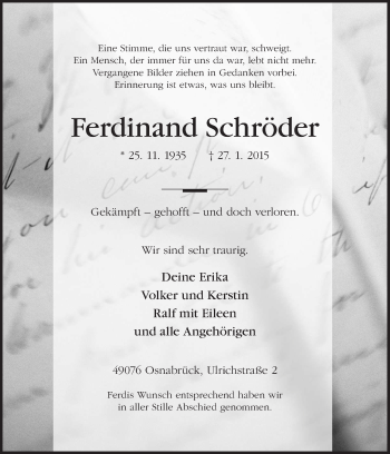 Traueranzeige von Ferdinand Schröder von Neue Osnabrücker Zeitung GmbH & Co. KG