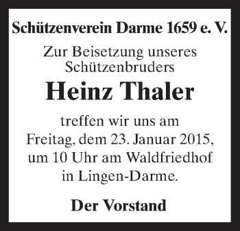 Traueranzeige von Heinz Thaler von Neue Osnabrücker Zeitung GmbH & Co. KG