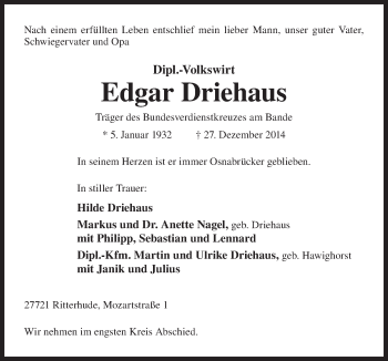 Traueranzeige von Edgar Driehaus von Neue Osnabrücker Zeitung GmbH & Co. KG