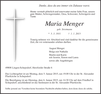 Traueranzeige von Maria Menger von Neue Osnabrücker Zeitung GmbH & Co. KG