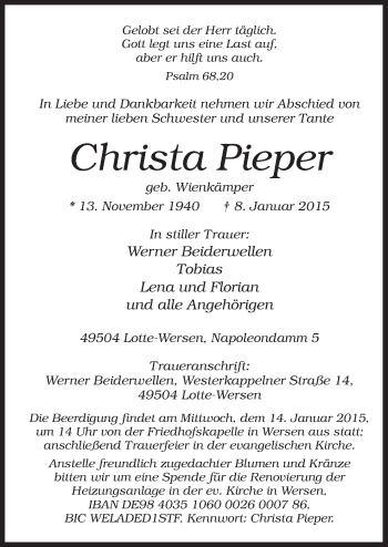 Traueranzeige von Christa Pieper von Neue Osnabrücker Zeitung GmbH & Co. KG