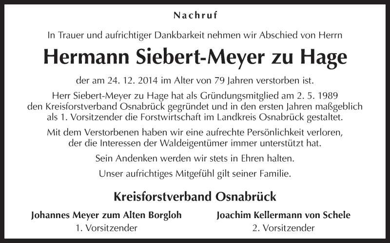  Traueranzeige für Hermann Siebert-Meyer zu Hage vom 03.01.2015 aus Neue Osnabrücker Zeitung GmbH & Co. KG