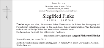 Traueranzeige von Siegfried Finke von Neue Osnabrücker Zeitung GmbH & Co. KG