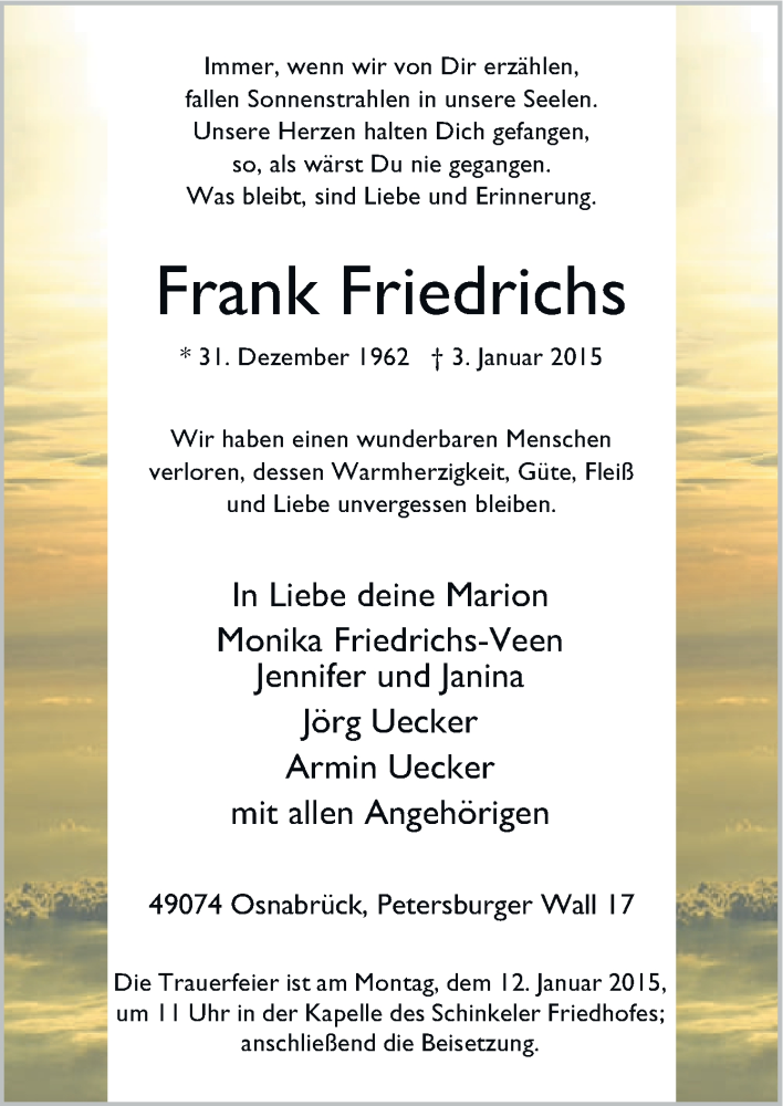  Traueranzeige für Frank Friedrichs vom 07.01.2015 aus Neue Osnabrücker Zeitung GmbH & Co. KG