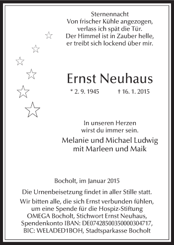 Traueranzeige von Ernst Neuhaus von Neue Osnabrücker Zeitung GmbH & Co. KG
