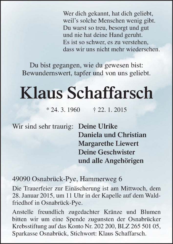  Traueranzeige für Klaus Schaffarsch vom 26.01.2015 aus Neue Osnabrücker Zeitung GmbH & Co. KG