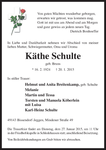 Traueranzeige von Käthe Schulte von Neue Osnabrücker Zeitung GmbH & Co. KG