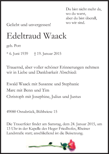 Traueranzeige von Edeltraud Waack von Neue Osnabrücker Zeitung GmbH & Co. KG