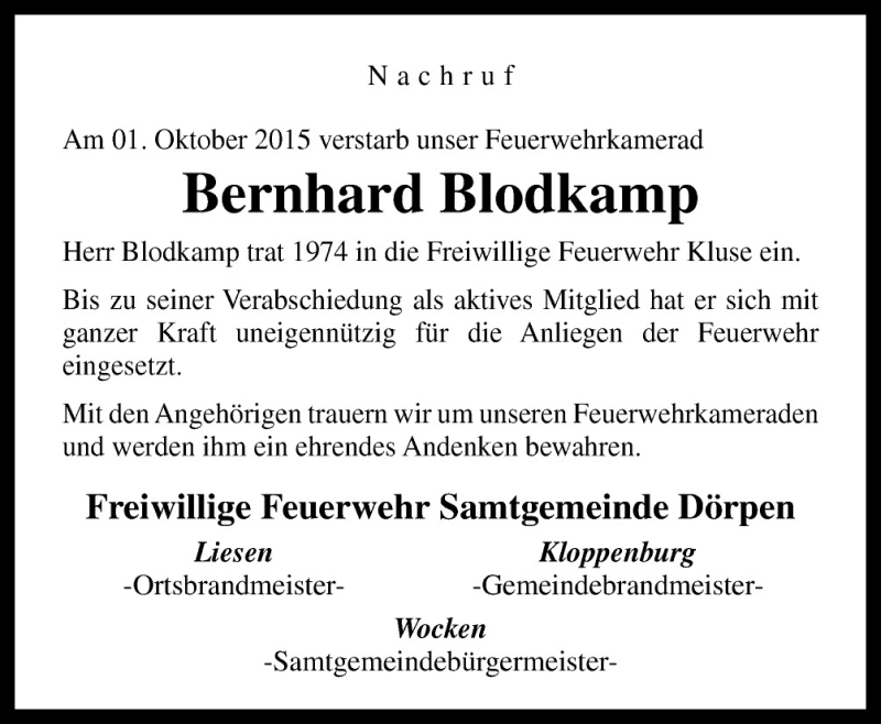  Traueranzeige für Bernhard Blodkamp vom 07.10.2015 aus Neue Osnabrücker Zeitung GmbH & Co. KG