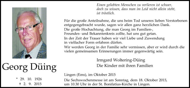  Traueranzeige für Georg Düing vom 14.10.2015 aus Neue Osnabrücker Zeitung GmbH & Co. KG