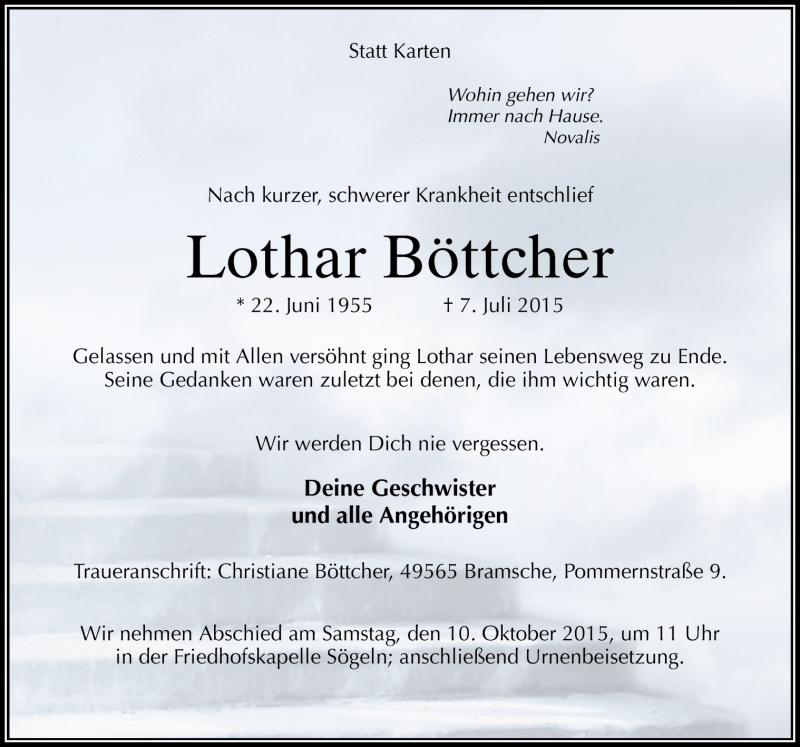  Traueranzeige für Lothar Böttcher vom 05.10.2015 aus Neue Osnabrücker Zeitung GmbH & Co. KG