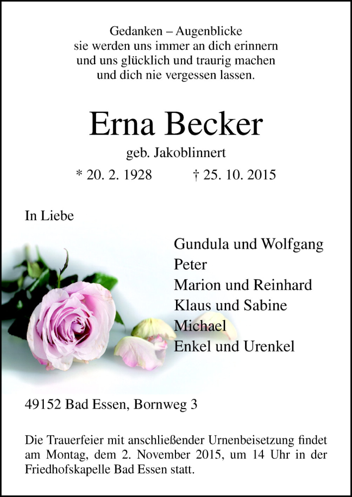  Traueranzeige für Erna Becker vom 28.10.2015 aus Neue Osnabrücker Zeitung GmbH & Co. KG