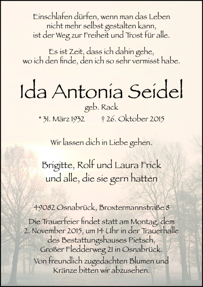  Traueranzeige für Ida Antonia Seidel vom 29.10.2015 aus Neue Osnabrücker Zeitung GmbH & Co. KG